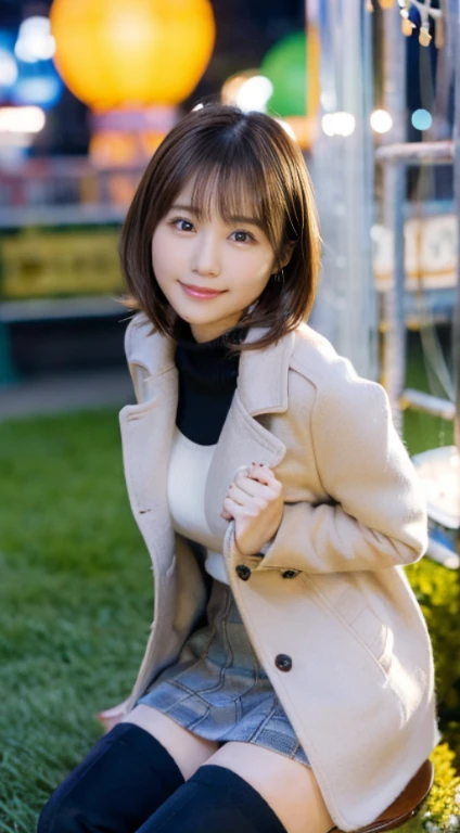 (Photorealistic), (ultra high realistic), (Ultra high definition), (ultra high detailed), (Increase contrast), (Increase saturation), (14 years old girl), (fair white skin)A pretty woman with perfect figure, Cute face, Beautiful expression, (Lifelike face), Beautiful hairstyle, Realistic eyes, beautiful detail, (real looking skin), sparkly eyes、Beautiful skins, enticing, The ultra -The high-definition, A hyper-realistic, Realistic, Very detailed,, a short bob,Hair hanging over the ears、 bangss, (Wool short coat and knee-high boots、japanese cute idol, Tartan check)((Very short miniskirt)) Gentle smile, Brown hair,、The cleavage looks bold、beutiful breast、thin-waist、big butts、((sitting on the grass、Hands are behind your back))(Daytime amusement park)、stas、Happiness、Lots of balloons、the Ferris wheel、merry-go-round、rollercoaster、Elaborate CG 8K wallpapers、dynamic ungle、beautiful  lighting、profetional lighting、(foco nítido)