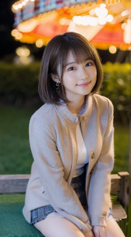 (Photorealistic), (ultra high realistic), (Ultra high definition), (ultra high detailed), (Increase contrast), (Increase saturation), (14 years old girl), (fair white skin)A pretty woman with perfect figure, Cute face, Beautiful expression, (Lifelike face), Beautiful hairstyle, Realistic eyes, beautiful detail, (real looking skin), sparkly eyes、Beautiful skins, enticing, The ultra -The high-definition, A hyper-realistic, Realistic, Very detailed,, a short bob,Hair hanging over the ears、 bangss, (Wool short coat and knee-high boots、japanese cute idol, Tartan check)((Very short miniskirt)) Gentle smile, Brown hair,、The cleavage looks bold、beutiful breast、thin-waist、big butts、((sitting on the grass、Hands are behind your back))(Daytime amusement park)、stas、Happiness、Lots of balloons、the Ferris wheel、merry-go-round、rollercoaster、Elaborate CG 8K wallpapers、dynamic ungle、beautiful  lighting、profetional lighting、(foco nítido)