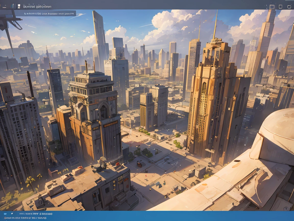environment design, a Futuristic great city in the desert, nice weather, sun shining with pretty clouds, zoom-out helicopter view,