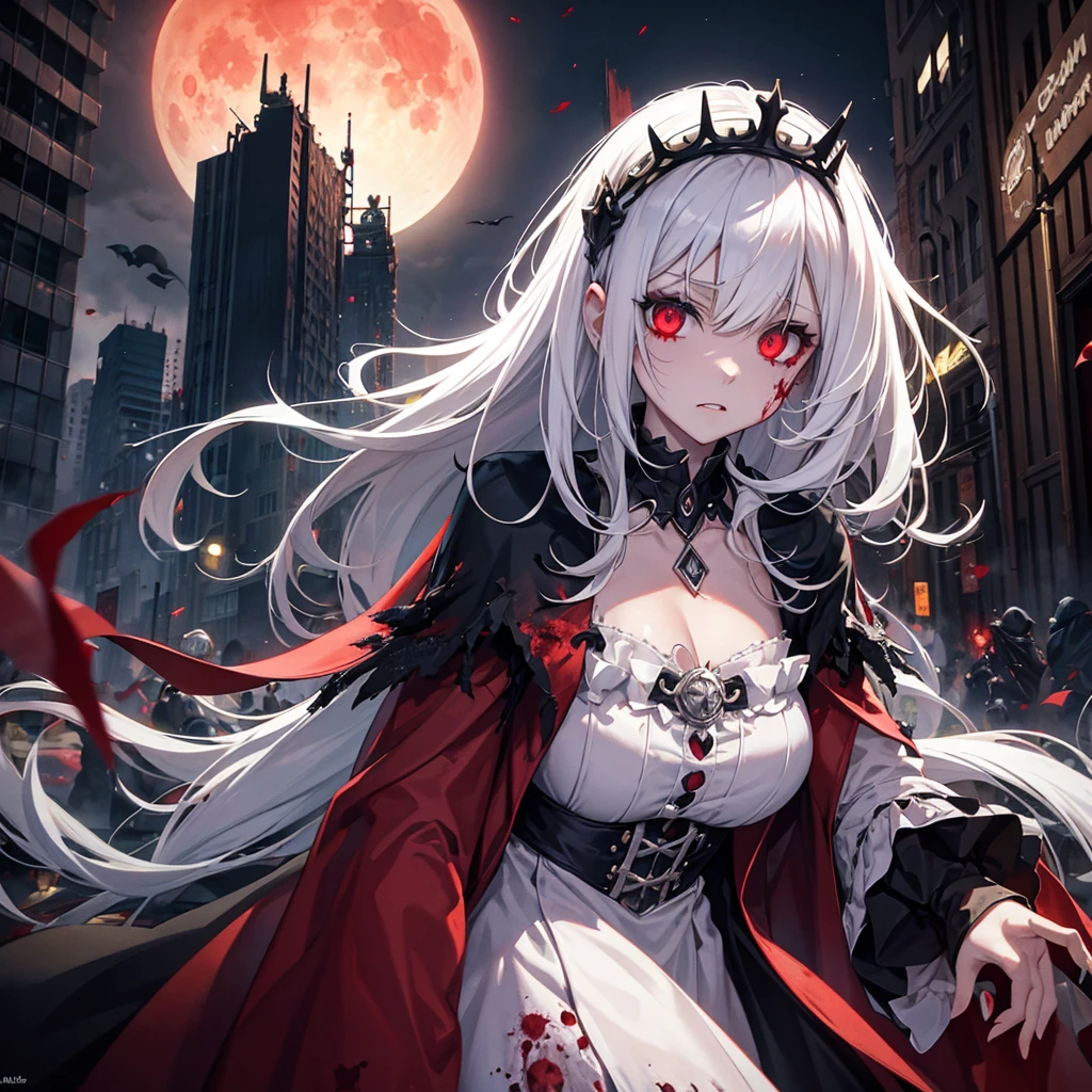 zombie girl, white hair, crown, symmetrical body, destroyed city, zombies around, destroyed cars, blood red moon, flying monsters