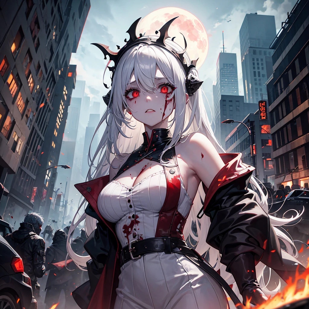 zombie girl, white hair, with headphones, crown, symmetrical body, destroyed city, zombies around, destroyed cars, blood red moon, flying monsters