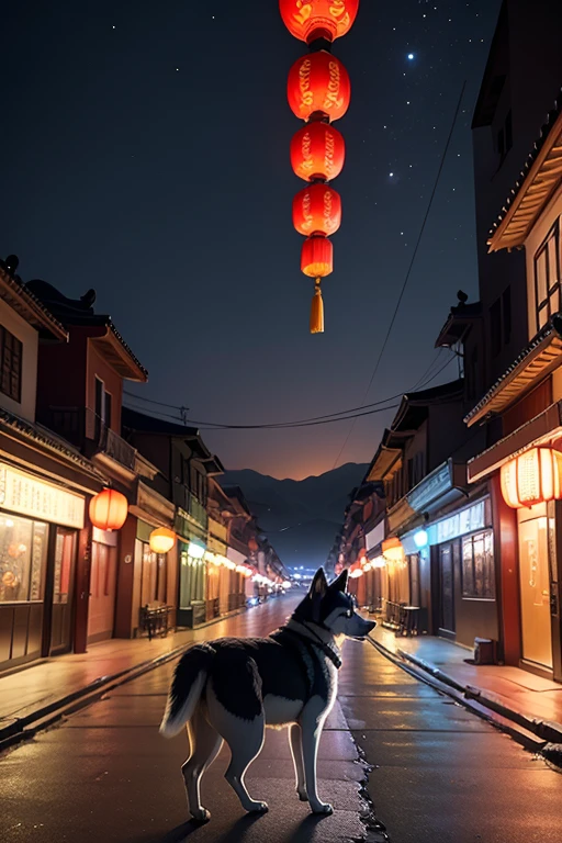 New Year,Chinese-style town,nigh sky,Decorations,have no people,A Husky Standing in the Center,Black Style,Back Shadow
