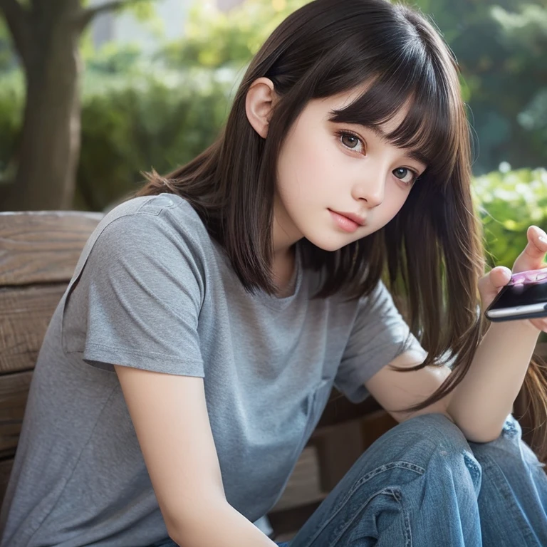 17 years old girl was playing game mobile legends on her phone, has brown eyes short darkgray hair and look so pretty, ghibli