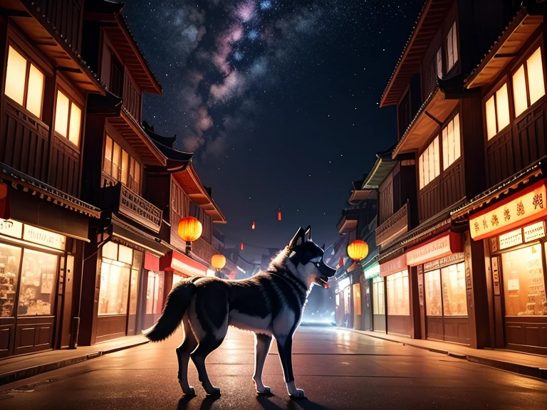 New Year，Chinese-style town，nigh sky，Decorations，have no people,A Husky Standing in the Center,Black Style,Back Shadow