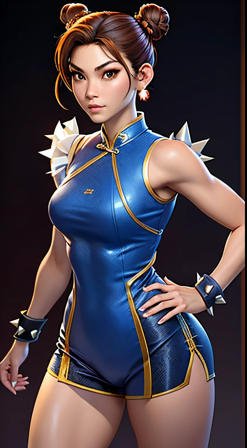 woman in her 20s, chunlims, (perfect face), defined jawline, beautiful brown eyes, beautiful lips, (short brown hair, hair bun, double bun), (perfect anatomy), (athletic body), (sexy), (thick thighs), (perfect handlue cheongsam), tight blue track pants, spiky bracelets, looking at viewer, (medium full shot photograph), (fighting arena background), fighting stance, realistic