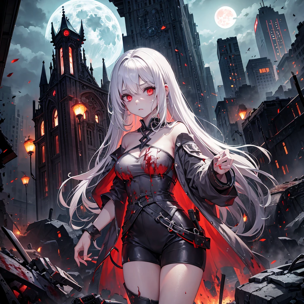 zombie girl, white hair, crown, destroyed city, zombies around, destroyed cars, blood red moon, flying monsters