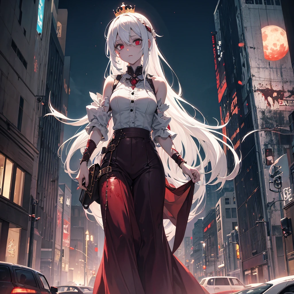 zombie girl, white hair, crown, destroyed city, zombies around, destroyed cars, blood red moon, flying monsters