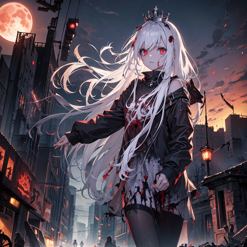 zombie girl, white hair, crown, destroyed city, zombies around, destroyed cars, blood red moon, flying monsters