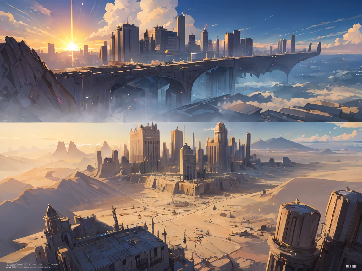 environment design, a Futuristic great city in the desert, nice weather, sun shining with pretty clouds, zoom-out top view,