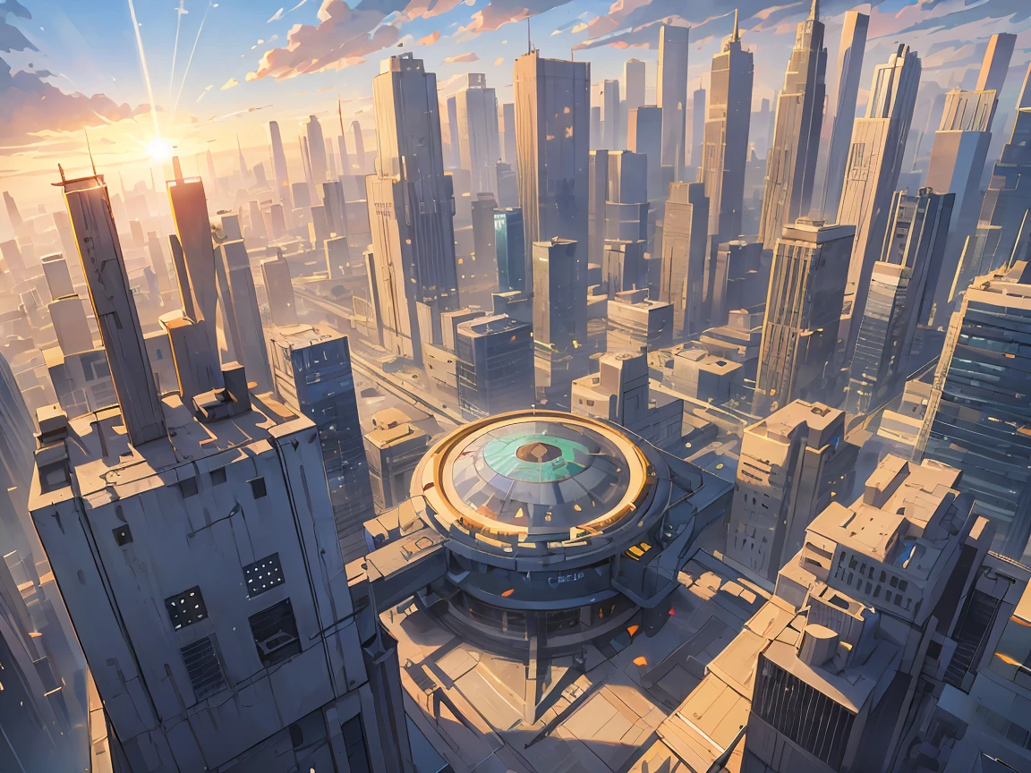environment design, a Futuristic great city in the desert, nice weather, sun shining with pretty clouds, zoom-out top view,