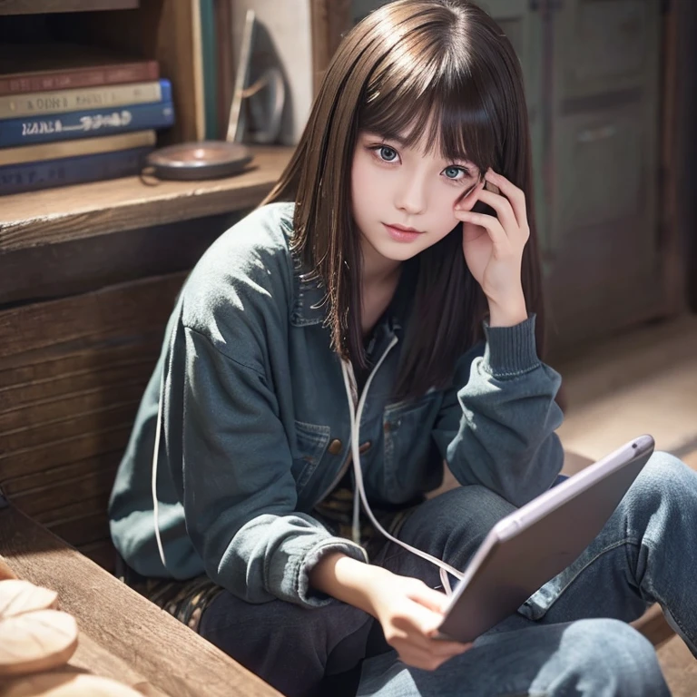 ************ girl was playing game mobile legends on her phone, has brown eyes short darkgray hair no bangs and look so pretty, ghibli