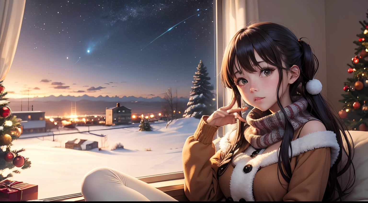 Anime girl in the Christmas decor living room with large windows and a winter sky view