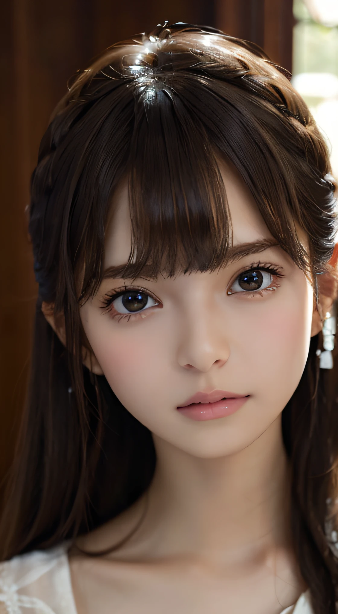 Close-up portrait of a woman wearing a brown off-shoulder top dress and earrings, soft portrait shot 8 k, lovely delicate face, high-quality 4k portrait, high quality portrait, soft flawless pale skin, 8K highly detailed face, Beautiful delicate face, beautiful light big eyes, beautiful and realistic faces, beautiful young woman with, beautiful and realistic faces, cute young woman