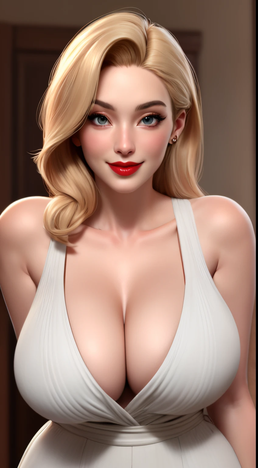 masterpiece, ,(solo:1.1), perfect face, (bright lighting:1.2),beautiful detailed eyes, extremely detailed face, perfect lighting,masterpiece, best quality, ((mature female)), ((large breasts)), 30yo female, 1girl, red lips, short blonde, straight hair ,provocative, tease, lips, lipstick, red lips, red lipstick, milf, large breast ,  smile,  woman, bold lips, thick lips, thick skirt, mini dress , upper body