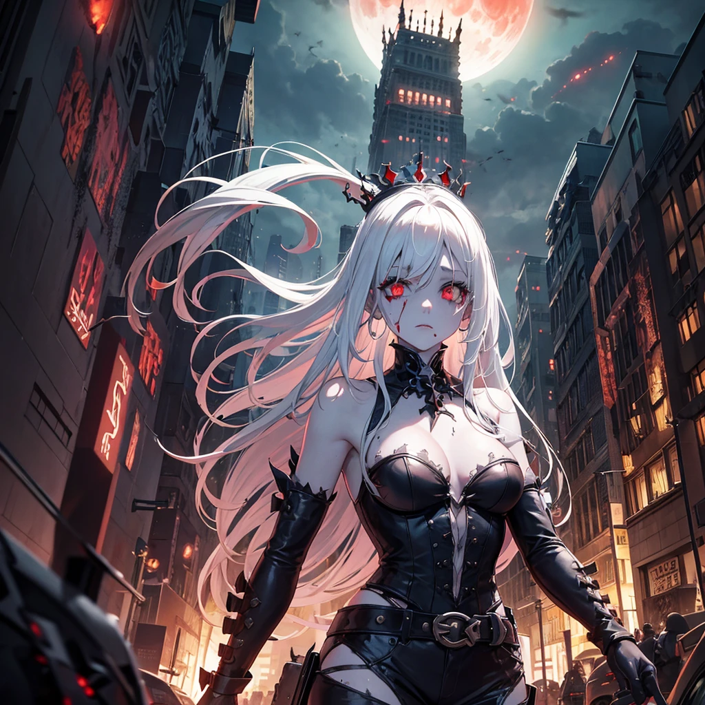 zombie girl, white hair, crown, symmetrical body, destroyed city, zombies around, destroyed cars, blood red moon, flying monsters