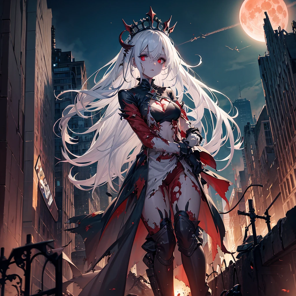 zombie girl, white hair, crown, symmetrical body, destroyed city, zombies around, destroyed cars, blood red moon, flying monsters