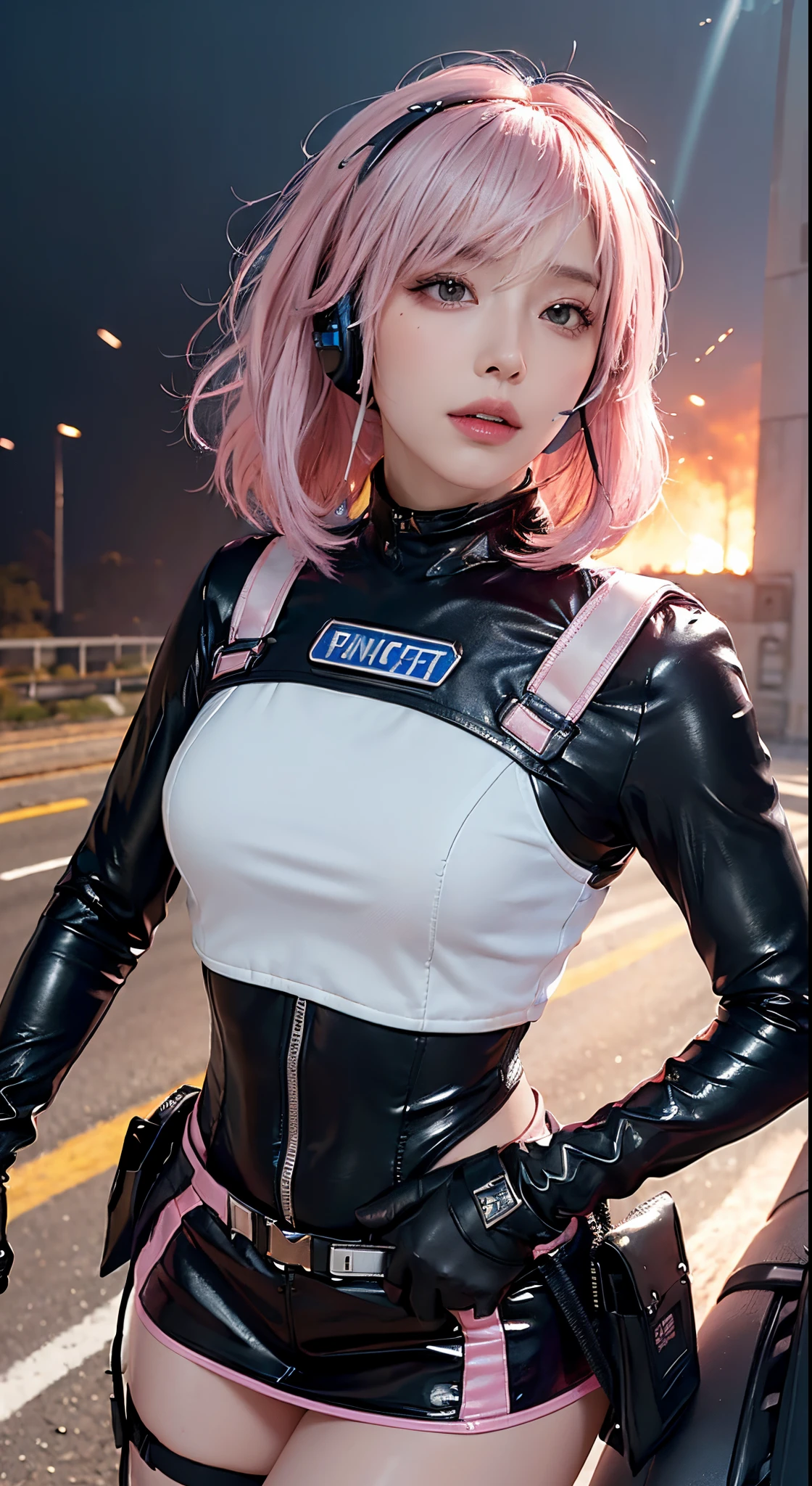 Top Quality, Ultra High Definition, (backlight), (Photorealistic: 1.4), (cowboy shot:1), 1 Beautiful Girl, (Kpop Idol), Detailed Face, (Hair Style: Pink:1, fullbang, shortbob-style:1), Contrapposto, Perfect Anatomy, muscular, Smooth Skin, Professional Lighting, ((wearing Futuristic Police Racing Suits, low-mini-skirt, police wappen, High-tech Headset, military harness, racing gloves)), (Cloths colors based on silver pink black white), (background, crashed cars, fire, (Explosion)),