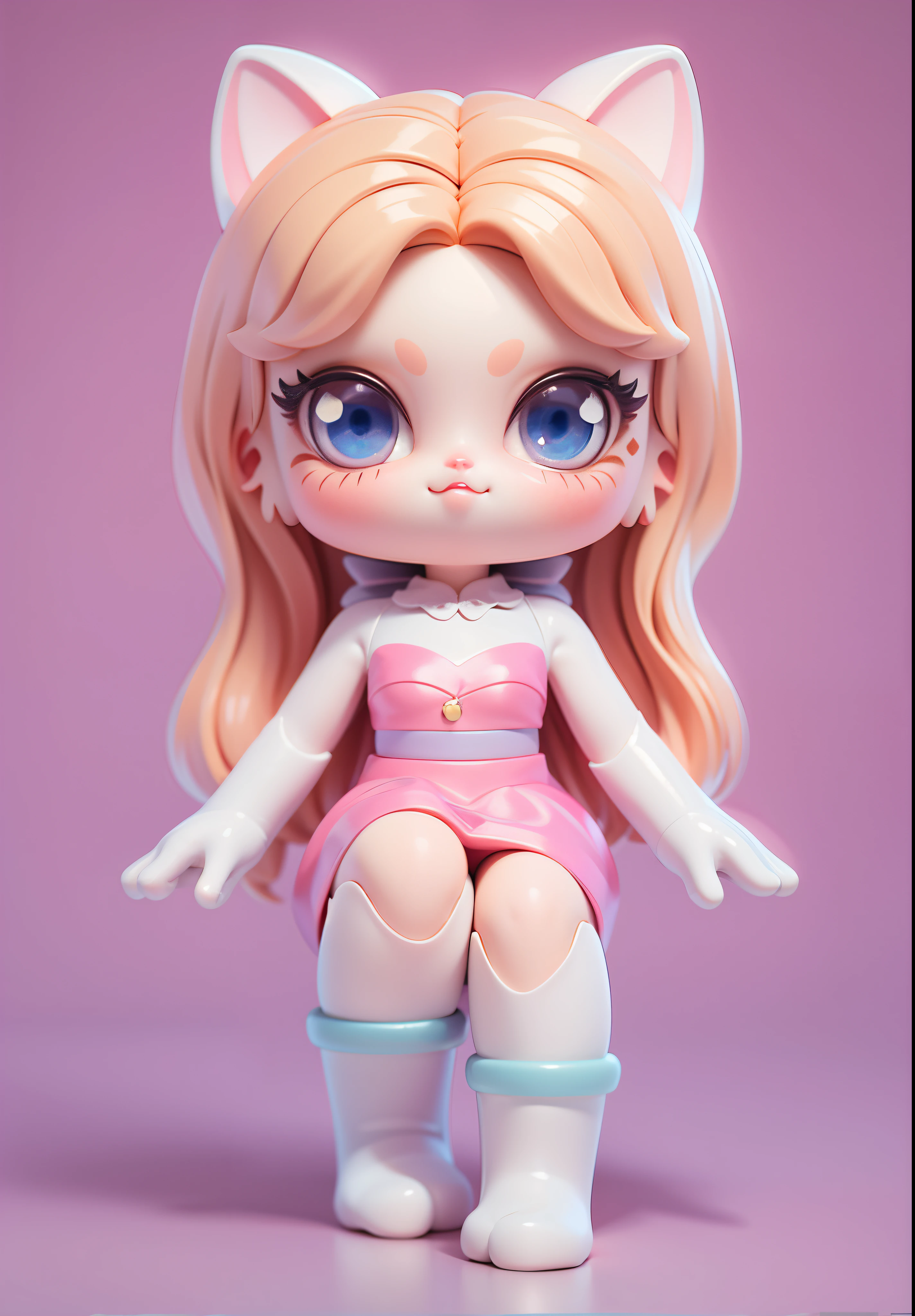 (tmasterpiece:1,2, cat-like mouth, pink back ground), Best quality at best, tmasterpiece, Original, The is very detailed, perfect litthing,(extremely detremely detailed CG:1.2), 8K, 3D style,animemanga girl, pinkskirt, Blonde hair, eBlue eyes, Very beautiful and cute Catwoman, adorable digital art ,tchibi,3Drenderingof, c4d, Blander, octaneratingrendering, popular toys, a blind box toy, Disney  style