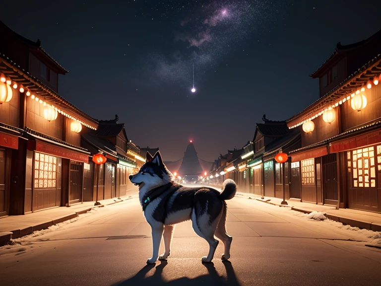 New Year,Chinese-style town,nigh sky,Decorations,have no people,A Husky Standing in the Center,Black Style,Back Shadow