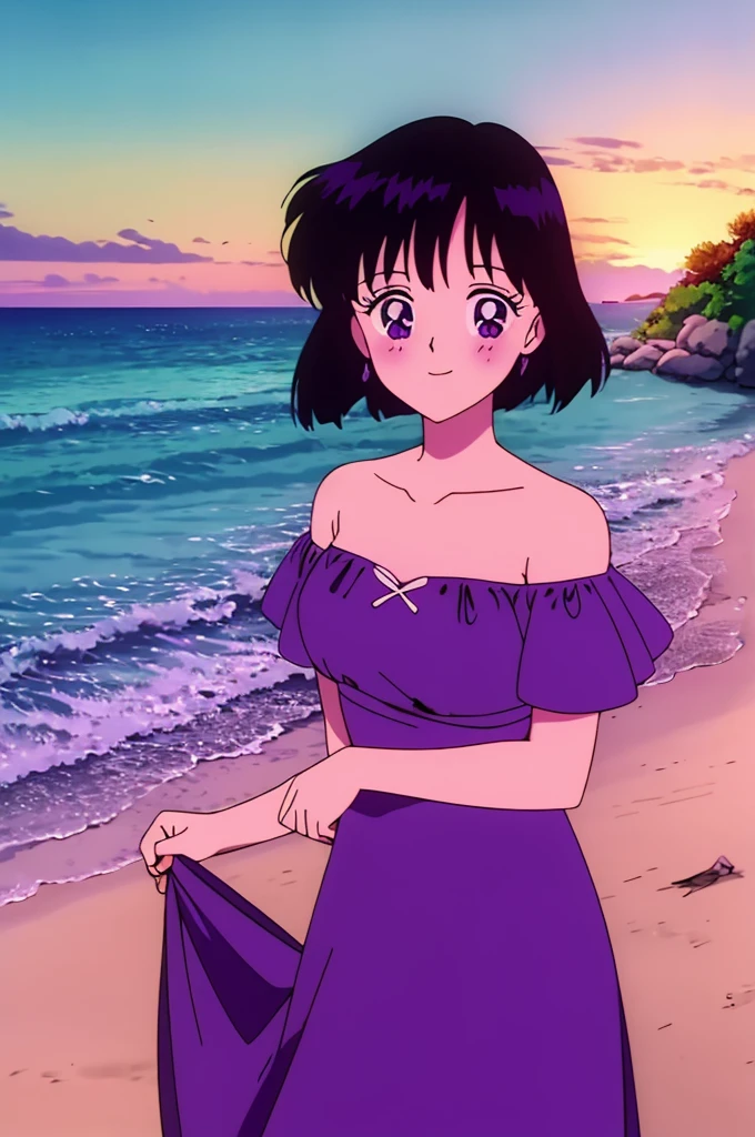 Hotaru_Tomoe, 1 girl, autumn, bangs, beach, blue_sky, blush, breasts, black_hair, closed_mouth, cloud, cloudy_sky, collarbone, day, purple_dress, purple_off_the_shoulder_dress, ruffle_off_the_shoulder_top, bare_shoulders, field, flower, flower_field, horizon, ocean, looking_at_viewer, beach, outdoors, red_flowers, short_hair, bob_cut, skirt_hold, sky, smile, solo, standing, sunset, twilight, water, perfect purple eyes, close up portrait