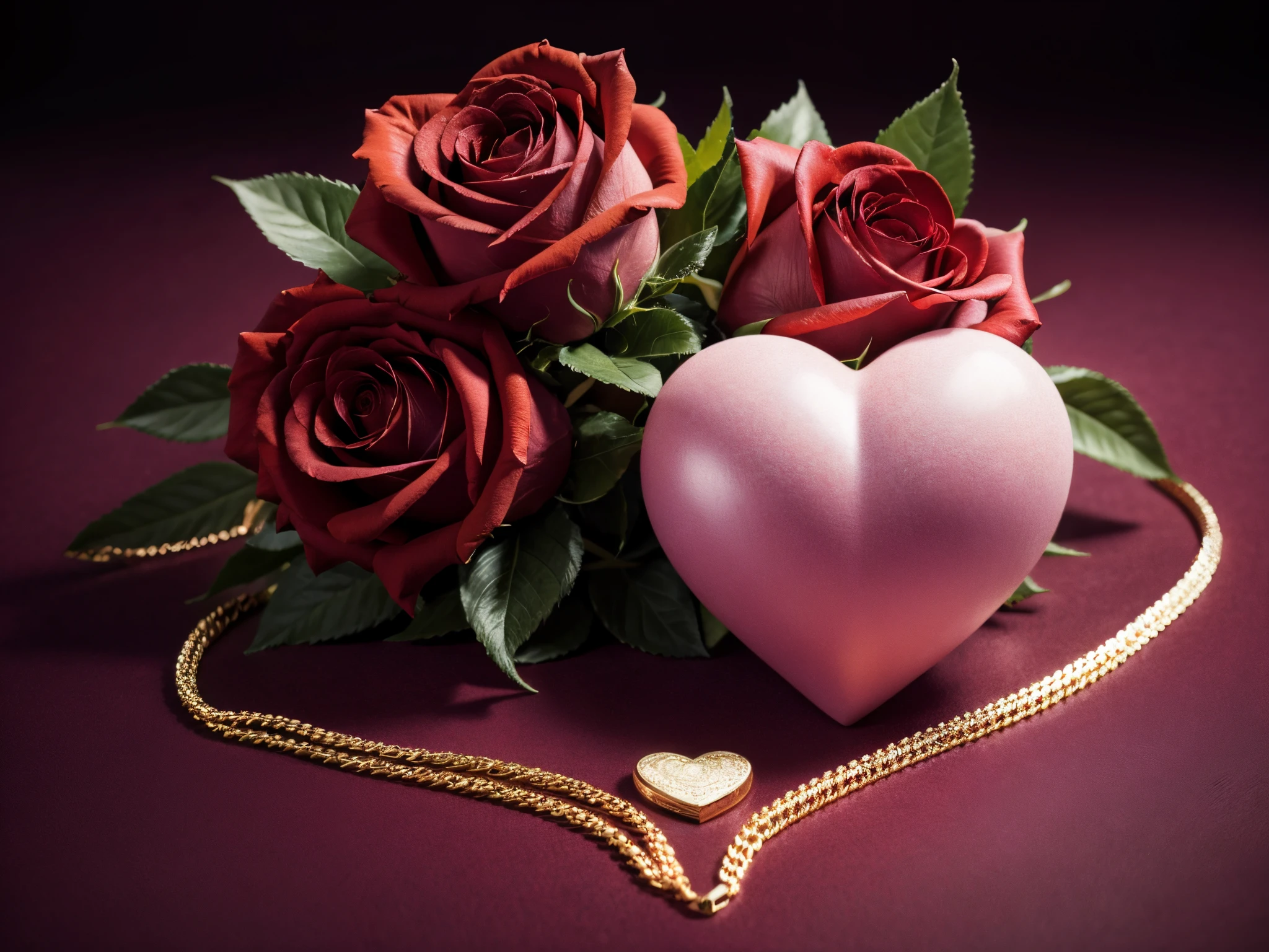 Zoom in closely to reveal fractal patterns emerging within 3D hearts and roses, adding a surreal and mesmerizing touch to this Valentine's Day scene. Enhance the visual complexity.