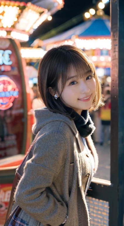 (Photorealistic), (ultra high realistic), (Ultra high definition), (ultra high detailed), (Increase contrast), (Increase saturation), (14 years old girl), (fair white skin)A pretty woman with perfect figure, Cute face, Beautiful expression, (Lifelike face), Beautiful hairstyle, Realistic eyes, beautiful detail, (real looking skin), sparkly eyes、Beautiful skins, enticing, The ultra -The high-definition, A hyper-realistic, Realistic, Very detailed,, a short bob,Hair hanging over the ears、 bangss, (Wool short coat and knee-high boots、japanese cute idol, Tartan check)((Very short miniskirt)) Gentle smile, Brown hair,、The cleavage looks bold、beutiful breast、thin-waist、big butts、((Rear view、sticking out the buttocks))(Observation deck on the upper floor、A view overlooking the amusement park from above)、stas、Happiness、Lots of balloons、the Ferris wheel、merry-go-round、rollercoaster、Elaborate CG 8K wallpapers、dynamic ungle、beautiful lighting、profetional lighting、(foco nítido)