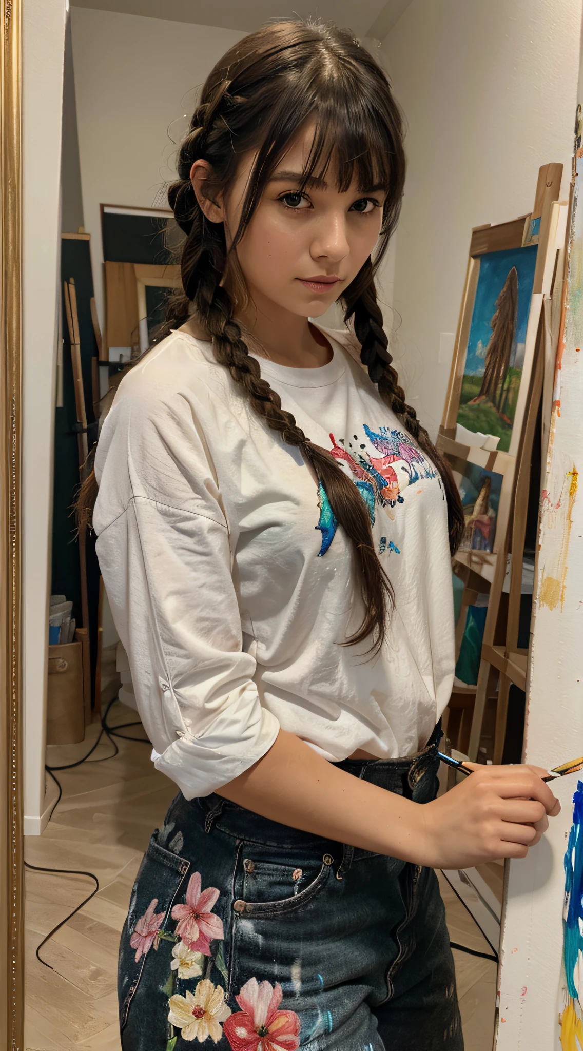 masterpiece, best quality, ultra-detailed, 1girl, art studio, painting braided hair, bangs, medium wavy hair, black hair, artist, paint, working