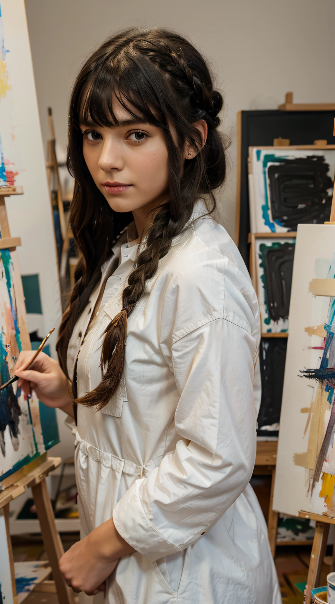 masterpiece, best quality, ultra-detailed, 1girl, art studio, painting braided hair, bangs, medium wavy hair, black hair, artist, paint, working