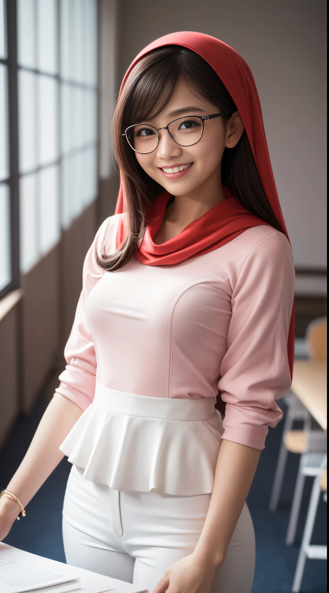 Cute malay girl in long red hijab wearing white peplum shirt and white pants in shy pose in ballroom hall, wear big round glasses, nerd, big smile, laughing, happy, big front teeth, bright lighting, cute face, 35mm lens, Extreme close-up, pastel color grading, depth of field cinematography effect, romantic film genre, 8k resolution, high quality, ultra detail,