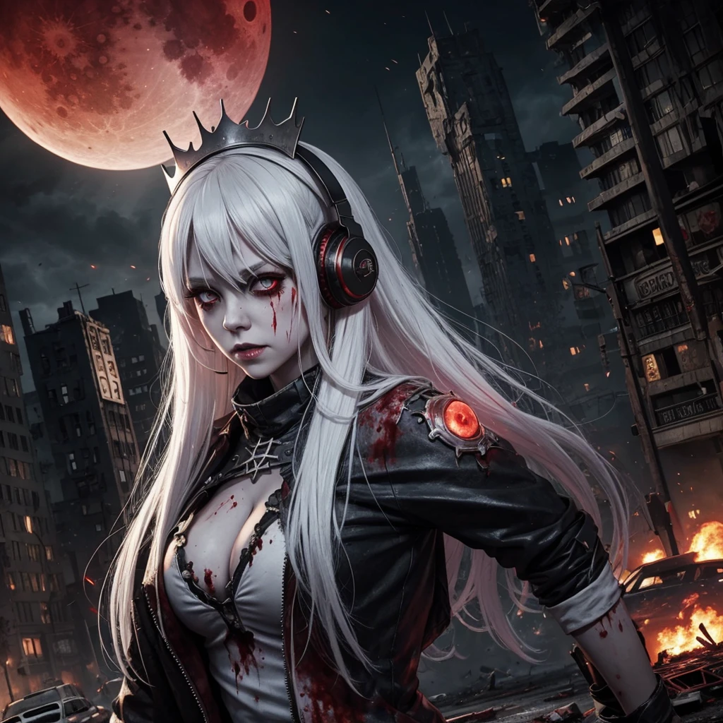 zombie girl, white hair, with headphones, crown, symmetrical body, destroyed city, zombies around, destroyed cars, blood red moon, flying monsters