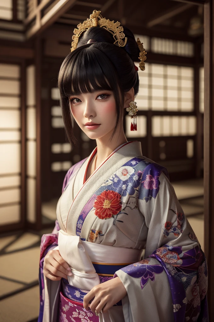 Highly detailed full-length portrait of a geisha. 8K, Octane Render, intricate hyperdetails, Symmetrical