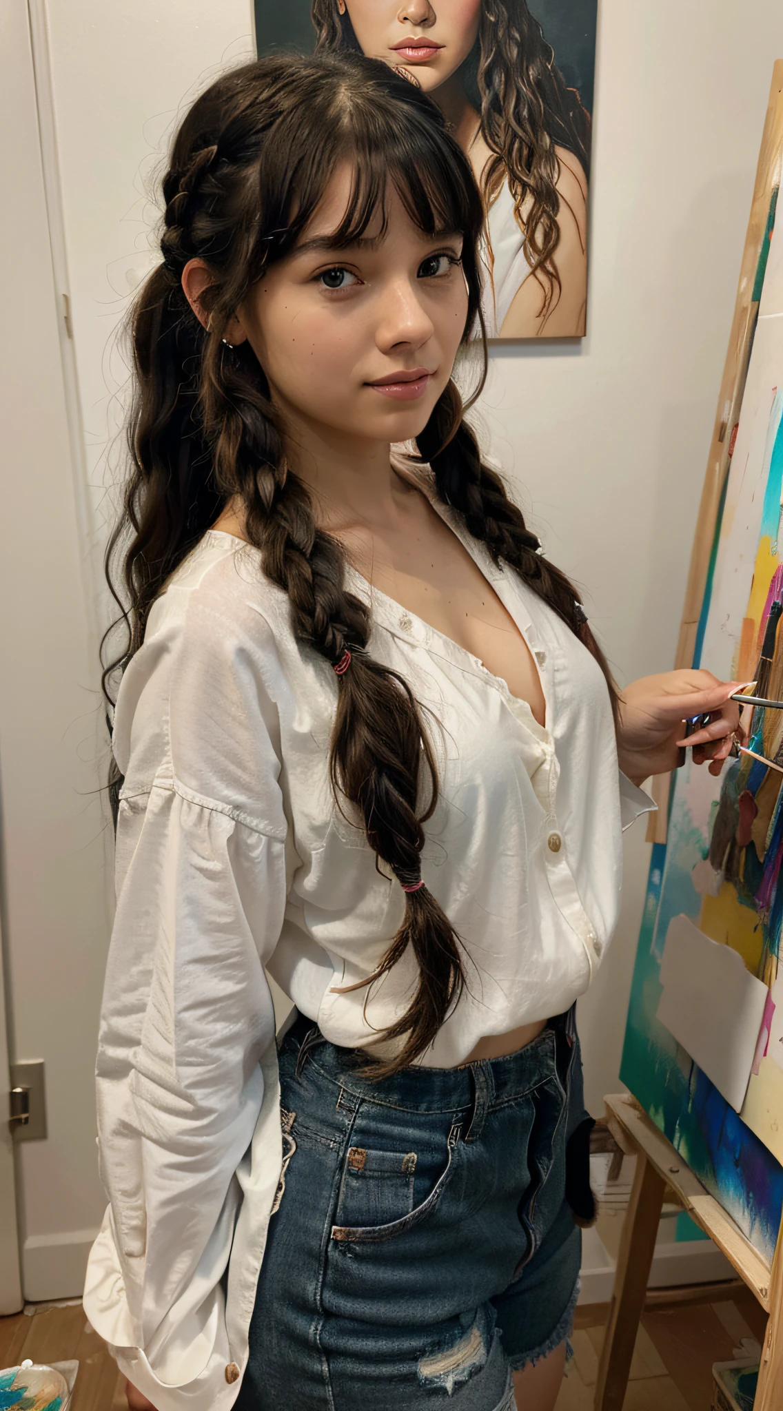 masterpiece, best quality, ultra-detailed, 1girl, art studio, painting braided hair, bangs, medium wavy hair, black hair, artist, paint, working
