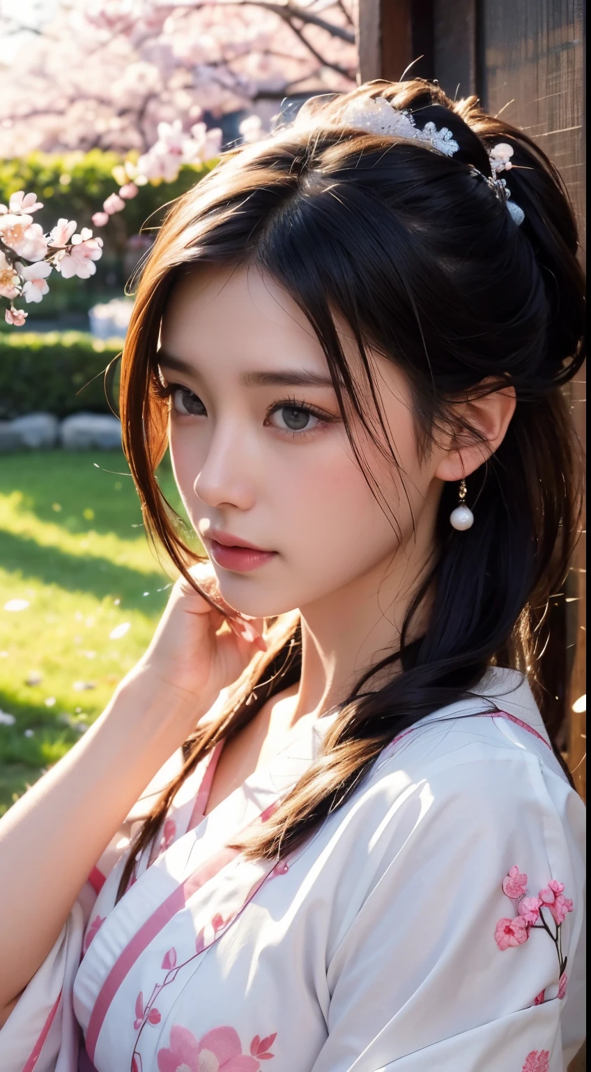 (A logo、masterpiece、8K、masutepiece、Raw photo、Fantastic、Best Quality、8K wallpaper that combines photorealism and high-definition CG、hightquality、ighly detailed、epic poem、Particle effect、Dynamic effects、depth of fields、Cinematic Light、Lens Flare、Ray tracing)、Fantasia、 (Beauty 1 person、White Japanese Clothing、Japanese dress、White cherry blossom pattern、White cherry blossom embroidery pattern、A dark-haired、Beautiful face、Real Face、beautiful details eyes beautiful skin)、Hair flutters in the wind、Hair jumps、Pink cherry blossom tree、Petals flutter、Sakura blizzard、Superb view、morning glow、Sun in the background、the wind