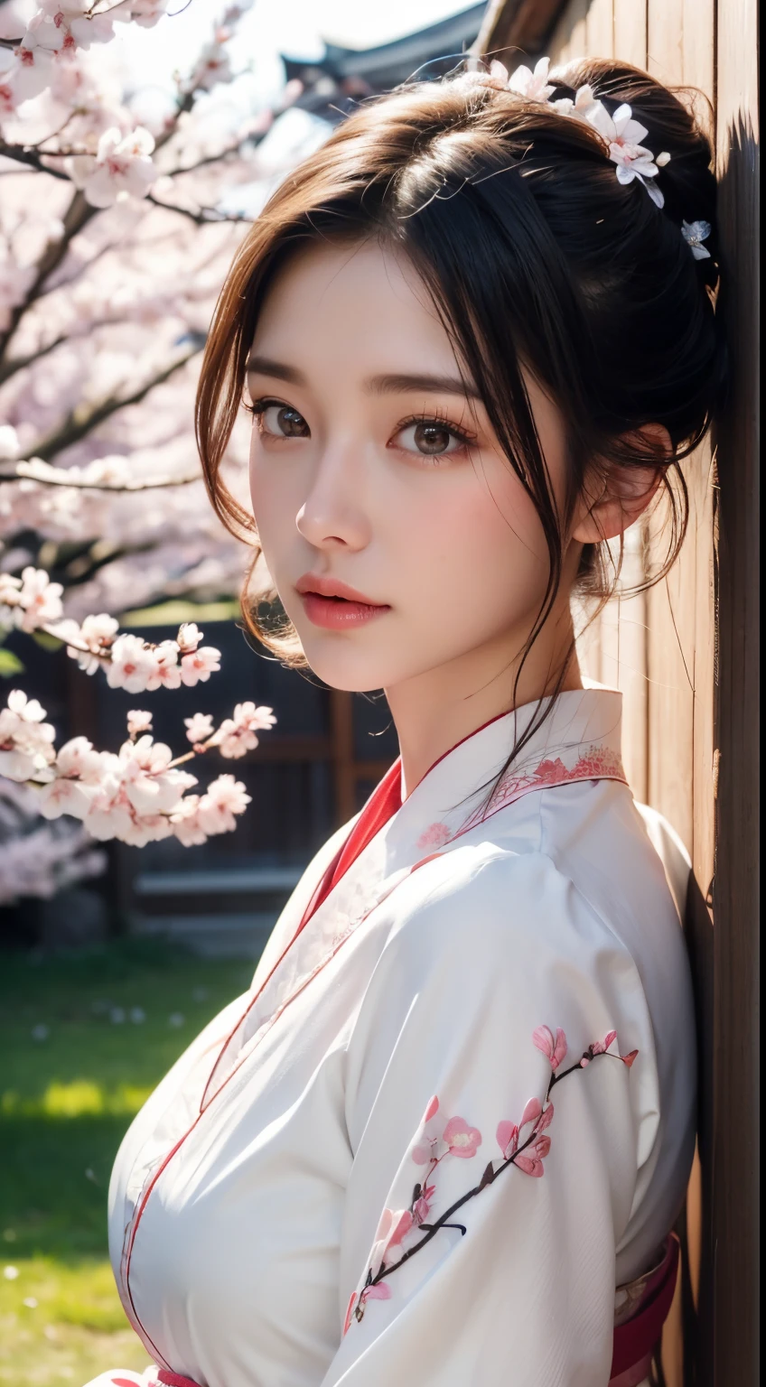 (A logo、​masterpiece、8K、masutepiece、Raw photo、Fantastic、Best Quality、8K wallpaper that combines photorealism and high-definition CG、hightquality、ighly detailed、epic poem、Particle effect、Dynamic effects、depth of fields、Cinematic Light、Lens Flare、Ray tracing)、Fantasia、 (Beauty 1 person、White Japanese Clothing、Japanese dress、White cherry blossom pattern、White cherry blossom embroidery pattern、A dark-haired、Beautiful face、Real Face、beautiful details eyes beautiful skin)、Hair flutters in the wind、Hair jumps、Pink cherry blossom tree、Petals flutter、Sakura blizzard、Superb view、morning glow、Sun in the background、the wind