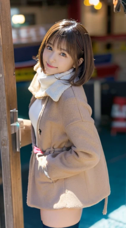 (Photorealistic), (ultra high realistic), (Ultra high definition), (ultra high detailed), (Increase contrast), (Increase saturation), ( girl), (fair white skin)A pretty woman with perfect figure, Cute face, Beautiful expression, (Lifelike face), Beautiful hairstyle, Realistic eyes, beautiful detail, (real looking skin), sparkly eyes、Beautiful skins, enticing, The ultra -The high-definition, A hyper-realistic, Realistic, Very detailed,, a short bob,Hair hanging over the ears、 bangss, (Wool short coat and knee-high boots、japanese cute idol, Tartan check)((Very short miniskirt)) Gentle smile, Brown hair,、The cleavage looks bold、beutiful breast、thin-waist、big butts、((Rear view、sticking out the buttocks))(Observation deck on the upper floor、A view overlooking the amusement park from above)、