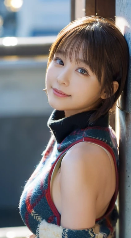 (Photorealistic), (ultra high realistic), (Ultra high definition), (ultra high detailed), (Increase contrast), (Increase saturation), ( girl), (fair white skin)A pretty woman with perfect figure, Cute face, Beautiful expression, (Lifelike face), Beautiful hairstyle, Realistic eyes, beautiful detail, (real looking skin), sparkly eyes、Beautiful skins, enticing, The ultra -The high-definition, A hyper-realistic, Realistic, Very detailed,, a short bob,Hair hanging over the ears、 bangss, (Wool short coat and knee-high boots、japanese cute idol, Tartan check)((Very short miniskirt)) Gentle smile, Brown hair,、The cleavage looks bold、beutiful breast、thin-waist、big butts、((Rear view、sticking out the buttocks))(Observation deck on the upper floor、A view overlooking the amusement park from above)、
