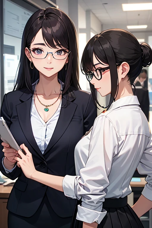 Beautiful Mature Woman、Long、eye glass、a necklace、Wearing a suit、skirt by the、business sui、Good style、s Office、The upper part of the body