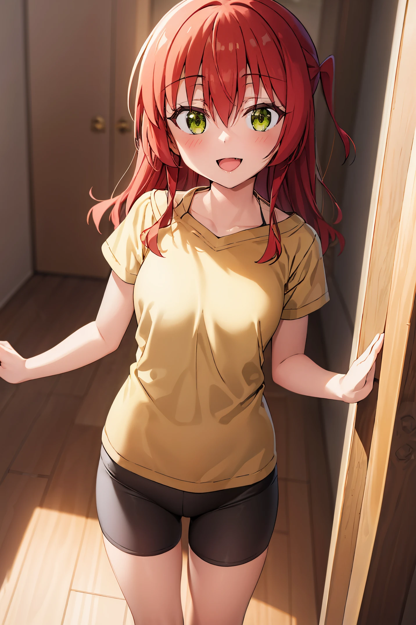 Room, 1 girl, best quality, ultra high res, long hair, red hair, green eyes, yellow shirt, short sleeves, bike shorts, looking at viewers, small breast, standing, pov, slim body, loli body, small body, smile, open mouth, removed panties,