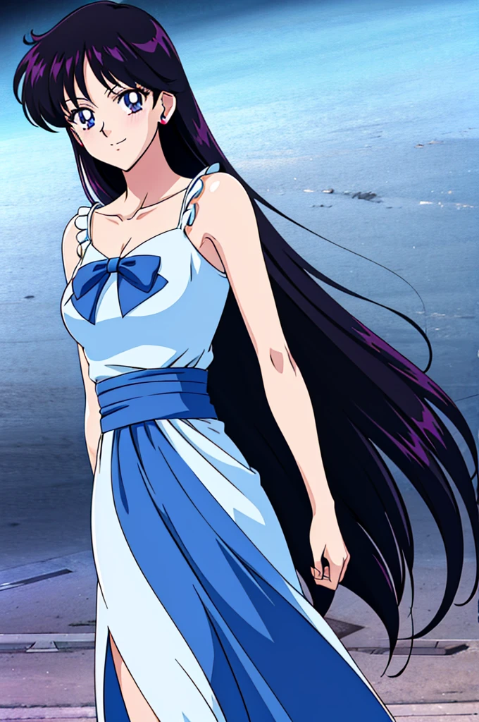 bare arms, bare shoulders, Cowboy Shot, Blue Dress, Blue Ruffle Off-the-Shoulder Top, Blue Maxi Dress, Outdoor, Street Scene, smile, 1 Teenage Girl, Solo, Smile, White Skin, smile, Rei Hino, Black Hair, Long Black Hair, Purple Eyes, Dynamic Pose, Looking at the Viewer, small breasts, tiny waist, good hands,