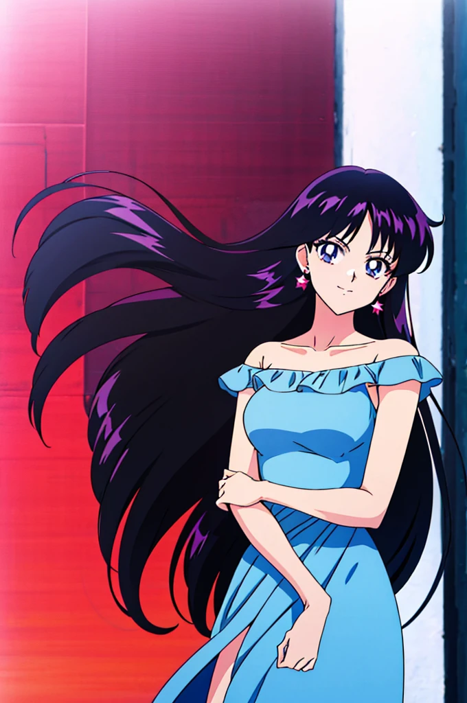 bare arms, bare shoulders, Cowboy Shot, Blue Dress, Blue Ruffle Off-the-Shoulder Top, Blue Maxi Dress, Outdoor, Street Scene, smile, 1 Teenage Girl, Solo, Smile, White Skin, smile, Rei Hino, Black Hair, Long Black Hair, Purple Eyes, Dynamic Pose, Looking at the Viewer, small breasts, tiny waist, good hands,