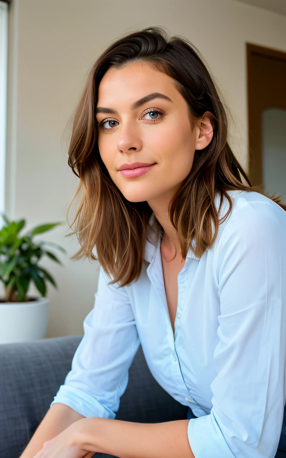 She is at home. She's sitting on the sofa. In front of her is a round living room table. There is a Jenga game on the table. Beautiful brunette with blonde highlights, Highly detailed, 32 Jahre alt, Unschuldiges Gesicht, Natural wavy hair, blaue Augen, high resolution, Meisterwerk, best quality, Komplizierte hohe Detailgenauigkeit, Highly detailed, Scharfer Fokus, Detaillierter Skin, Realistische Hautstruktur, Textur, Detaillierte Augen, Professionell, charming smile, aufgenommen mit Canon, 85mm, light depth of field, Kodak Vision Farbe, Perfectly fitting body , Extrem detailliert, Fotografie_\(Ultra\), fotorealistisch, realistisch, Nachbearbeitung, Maximale Details, Rauhigkeit, wirkliches Leben, Ultra realistisch, Fotorealismus, Fotografie, 8K UHD, Fotografie, vollbusig,