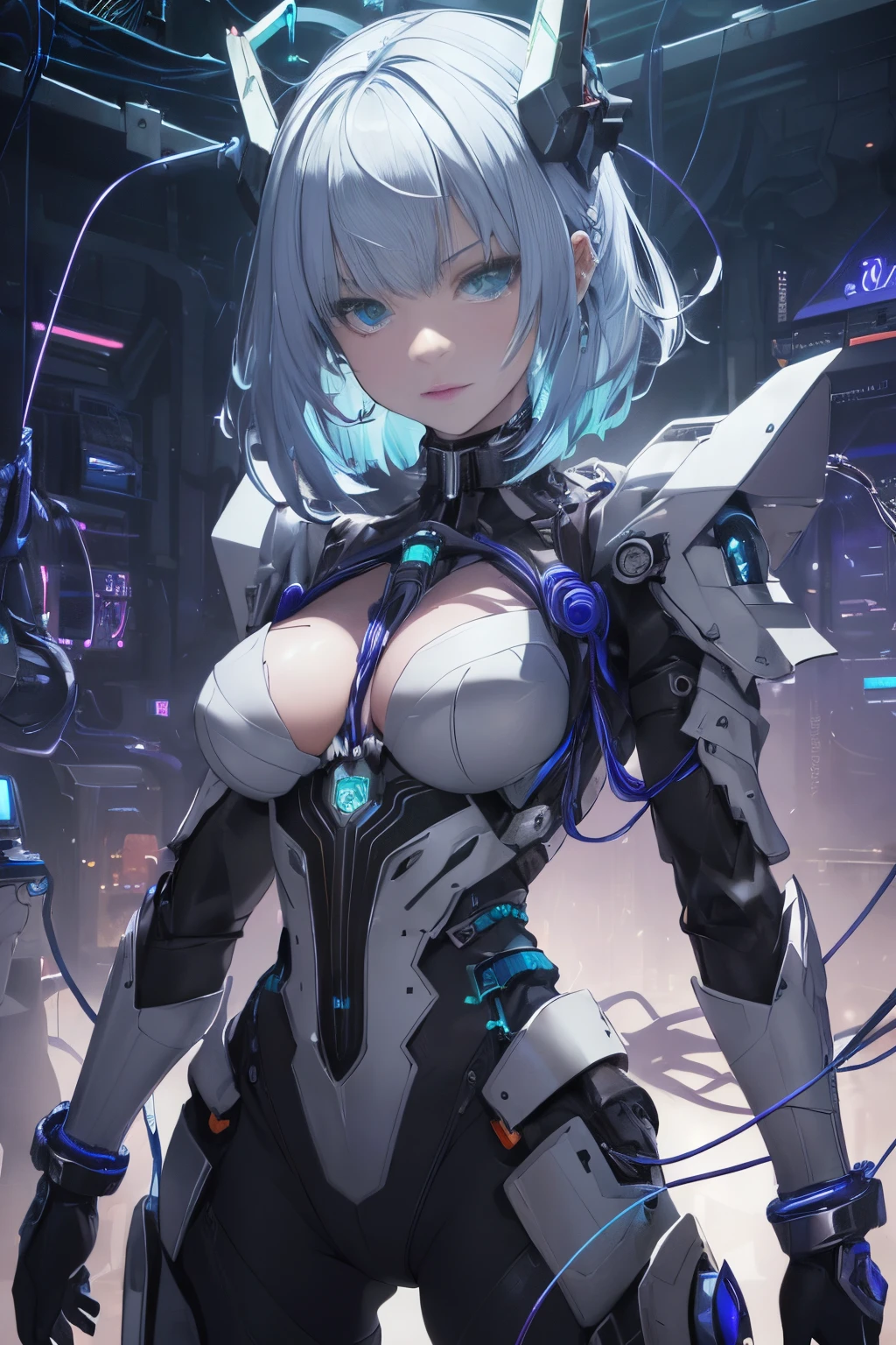 light particles, halo, (bioluminescent:0.95), bioluminescent, piercing glare, vibrant, (((colourful))), color, (glowing, glow), reflection light, depth of field, from behind, multiple views, delicated best quality, (((masterpiece))), ((best quality)), ((ultra-detailed)), (CG illustration), (an extremely devious and beautiful)), cinematic light, ((1 mechanical girl)), (white, blue hair), (short hair), (green eyes), (purple lips), (absurdly large silver robe), single, full, mechanical halo,star halo,intricate mechanical bodysuit, mecha corset, (full armor: yalow and whachine-made joints: 1.4), ((mechanical limblood vessels attached to the tube), ((mechanical spine attached to the back)), ((mechanical cervical vertebrae attached to the neck), ((combat stance)), expressionless, (wires and cables attached to the head and body: 1.5), (character focus), science fiction, apocalypse, glow, (full shoot body:1.1)