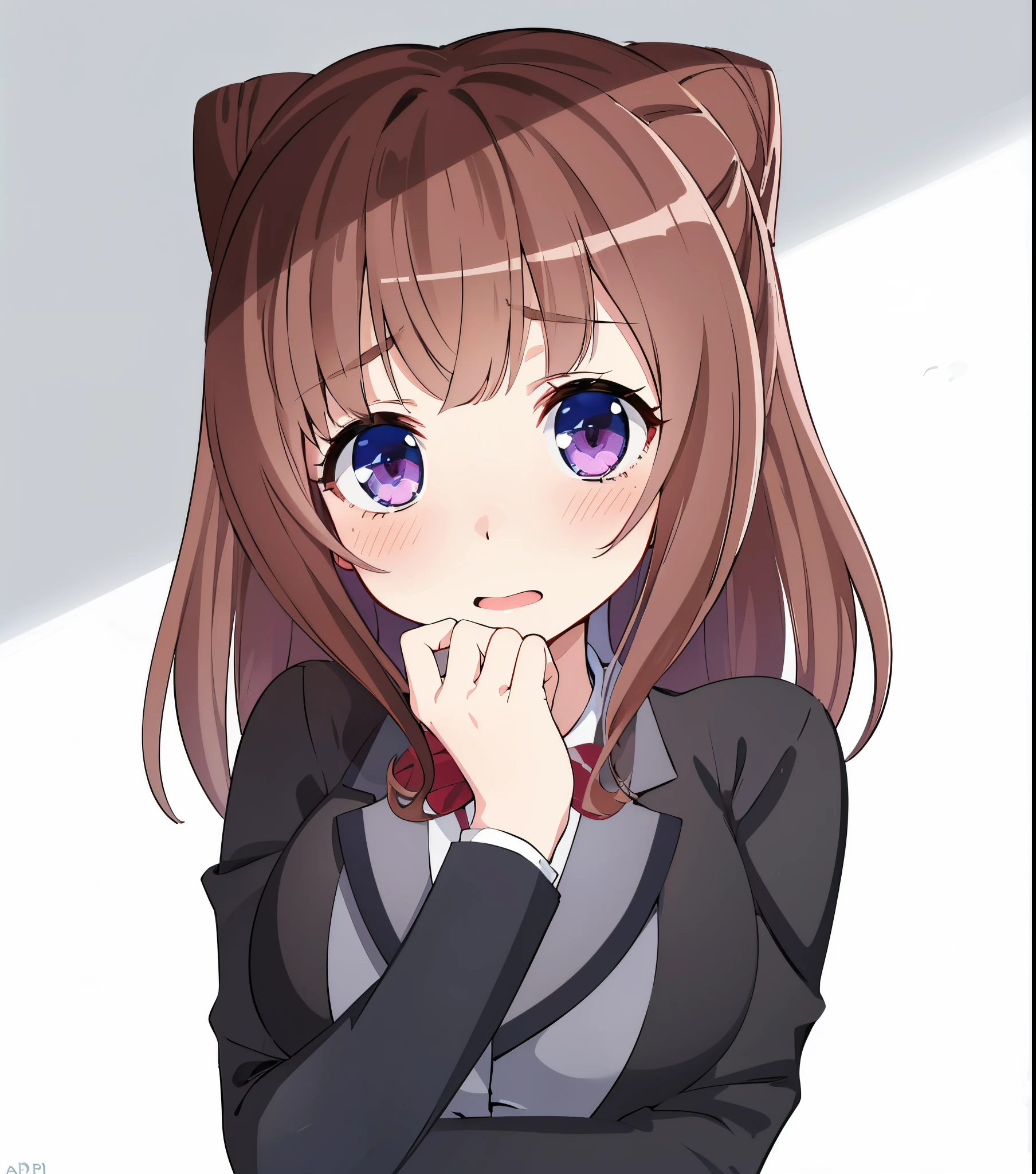 ((Masterpiece)), ((best quality)), ((high quality)), 1girl, purple eyes, medium breasts, brown hair, medium hair, hair bun, blazer, school uniform
