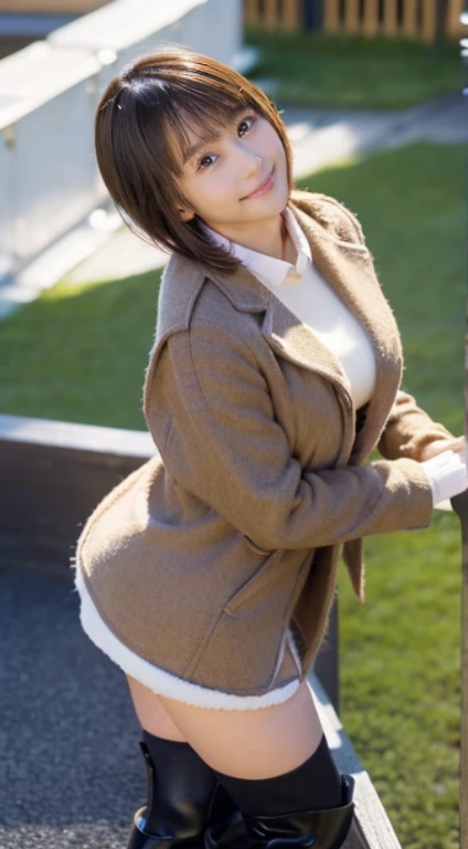 (Photorealistic), (ultra high realistic), (Ultra high definition), (ultra high detailed), (Increase contrast), (Increase saturation), ( girl), (fair white skin)A pretty woman with perfect figure, Cute face, Beautiful expression, (Lifelike face), Beautiful hairstyle, Realistic eyes, beautiful detail, (real looking skin), sparkly eyes、Beautiful skins, enticing, The ultra -The high-definition, A hyper-realistic, Realistic, Very detailed,, a short bob,Hair hanging over the ears、 bangss, (Wool short coat and knee-high boots、japanese cute idol, Tartan check)((Very short miniskirt)) Gentle smile, Brown hair,、The cleavage looks bold、beutiful breast、thin-waist、big butts、((Rear view、leaning over the fence))(High-rise rooftop observation deck、A view overlooking the amusement park from above)、