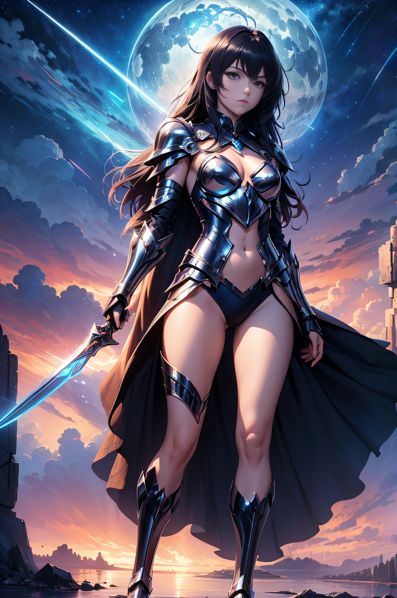 Ultra-high saturation，（tmasterpiece）， fully body villain pose:1.3，Denoising of Strength:1.45,（best qualtiy）， （1girll）， starryskybackground，Wearing shiny gold armor， Sexy lingerie type armor，Expose your chest，Expose the waistline，Exposing thighs，cool-pose， Saint Seiya Armor， messy hair，high detal, Anime style, Cinematic lighting, Sparkle, god light, Ray traching, filmgrain, hyper HD, textureskin, super detailing, Anatomical correct, A high resolution，Ultra-high saturation，hight contrast，High-gloss armor，，Serious expressions,Dark room,