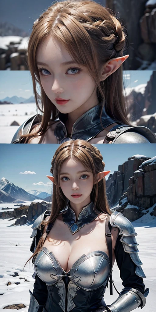 (Award-winning digital artwork:1.3) af (sketching:1.3),(with dynamism:1.3),(Saturation:1.3),(Close portrait:1.3),(femele:1.4),(big breasts beautiful: 1.4),(carismatic:1.3),female elf,Leather armor,Perfect Detailed Eyeagia,snowy mountain background,Large breasts,Complex patternilm filter, ,dramaticighting posture,illusory engine, (High detail: 1.9),