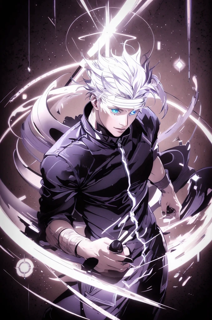 (masterpiece:1.2), (illustration), (best quality:1.2), (best aesthetic:1.2), (beautiful art:1.2), (ultra-detailed:1.2), (8k), (HDR), (wallpaper), (sharp focus), (intricate), 1boy, jujutsu kaisen, gojo satoru, white hair, beauty eyes, blue eyes colour, white eyelash, face detailed, hand detailed, finger detailed, detailed eyes, hyper realistic