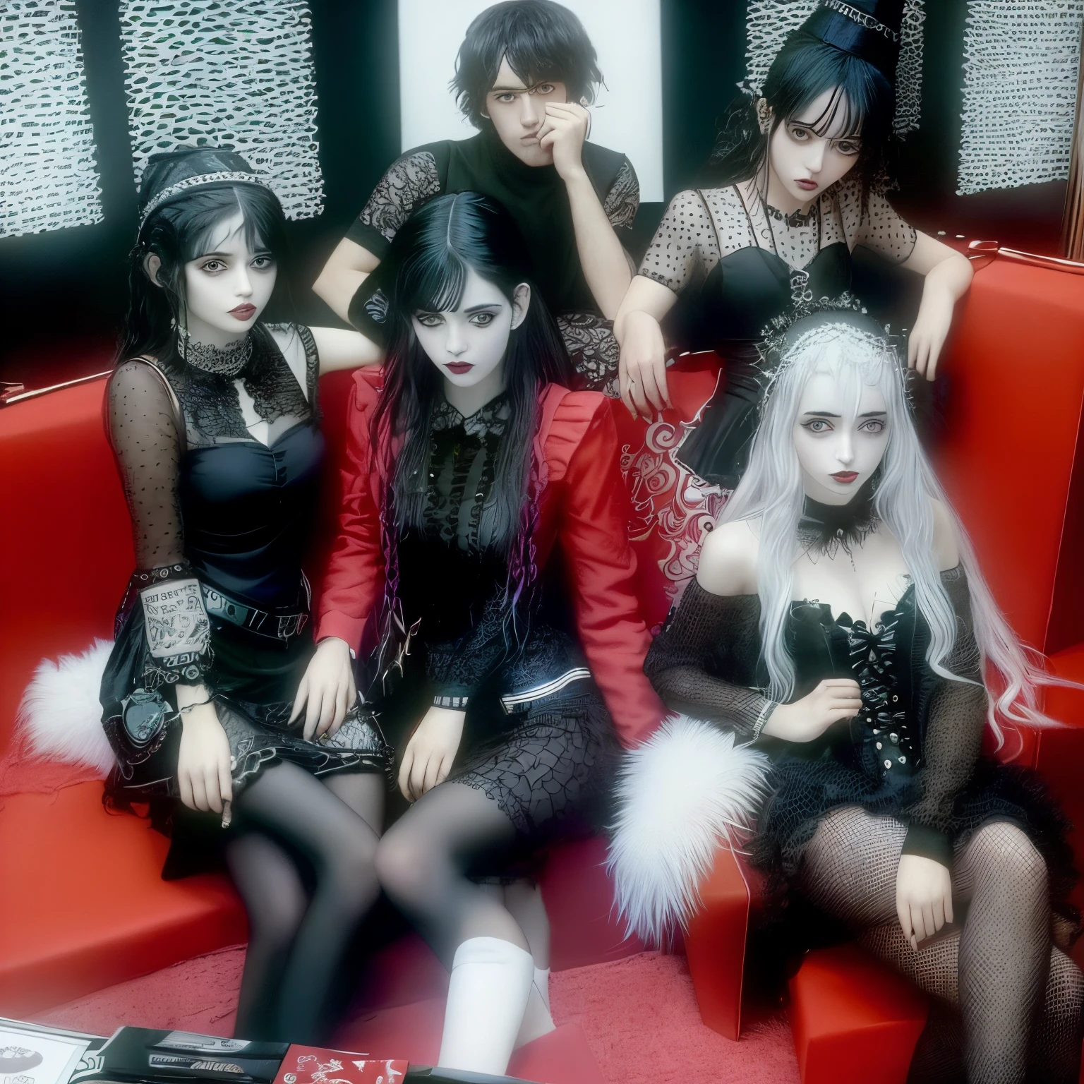 Arafed group of people dressed in black leather posing for a photo, chanel haired woman, chanel hairstyle, seductive gothic black costume, all black gothic clothes, high fashion, women, gothic clothes, gothic fashion clothes, goth - punk, gothic fashion clothes, emo gothic band, cyberpunk clothes, cyberpunk fashion, cyberpunk horror style, cyberpunk techwear, cyberpunk style