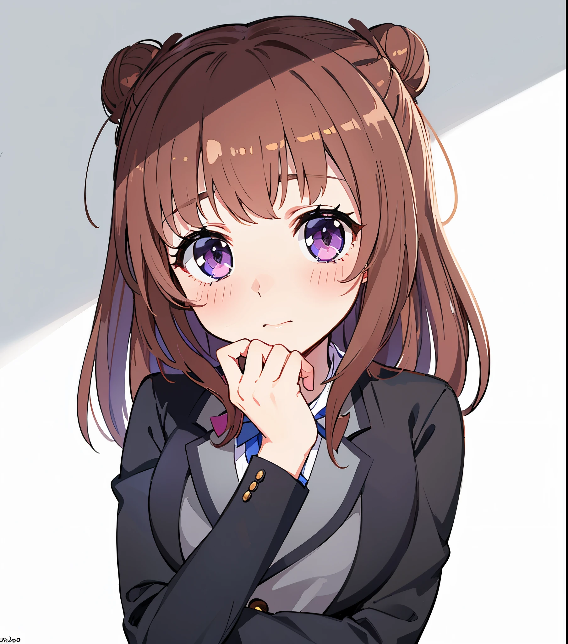 ((Masterpiece)), ((best quality)), ((high quality)), 1girl, purple eyes, medium breasts, brown hair, medium hair, hair bun, blazer, school uniform