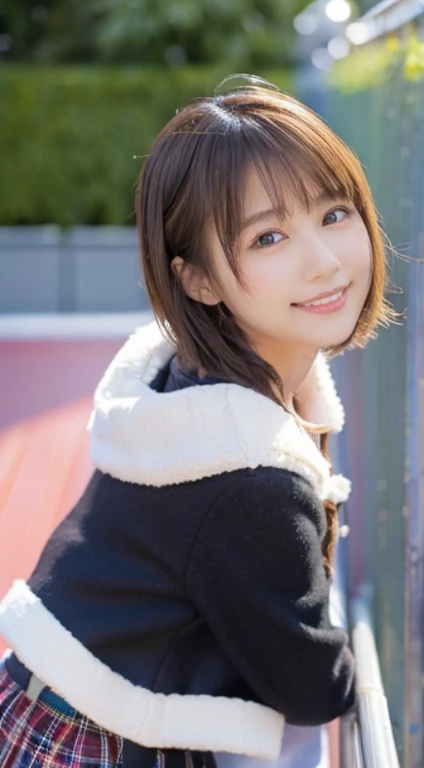 (Photorealistic), (ultra high realistic), (Ultra high definition), (ultra high detailed), (Increase contrast), ( girl、Extremely beautiful face), (fair white skin)A pretty woman with perfect figure, Cute face, Beautiful expression, (Lifelike face), Beautiful hairstyle, Realistic eyes, beautiful detail, (real looking skin), sparkly eyes、Beautiful skins, enticing, The ultra -The high-definition, A hyper-realistic, Realistic, Very detailed,, a short bob,Hair hanging over the ears、 bangss, (Wool short coat and knee-high boots、japanese cute idol, Tartan check)((Very short miniskirt)) Gentle smile, Brown hair,、The cleavage looks bold、beutiful breast、thin-waist、big butts、((Rear view、leaning over the fence))(High-rise rooftop observation deck、A view overlooking the amusement park from above)、Shot from behind